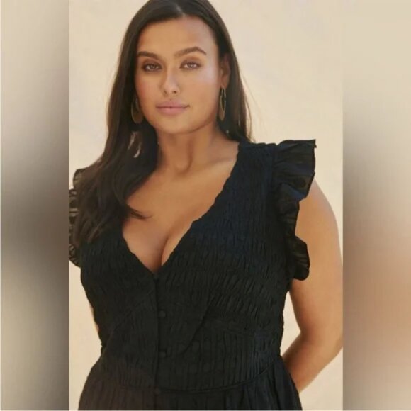 Anthropologie The Peregrine Smocked Ruffle Mini Dress Black Size Small - Picture 3 of 10